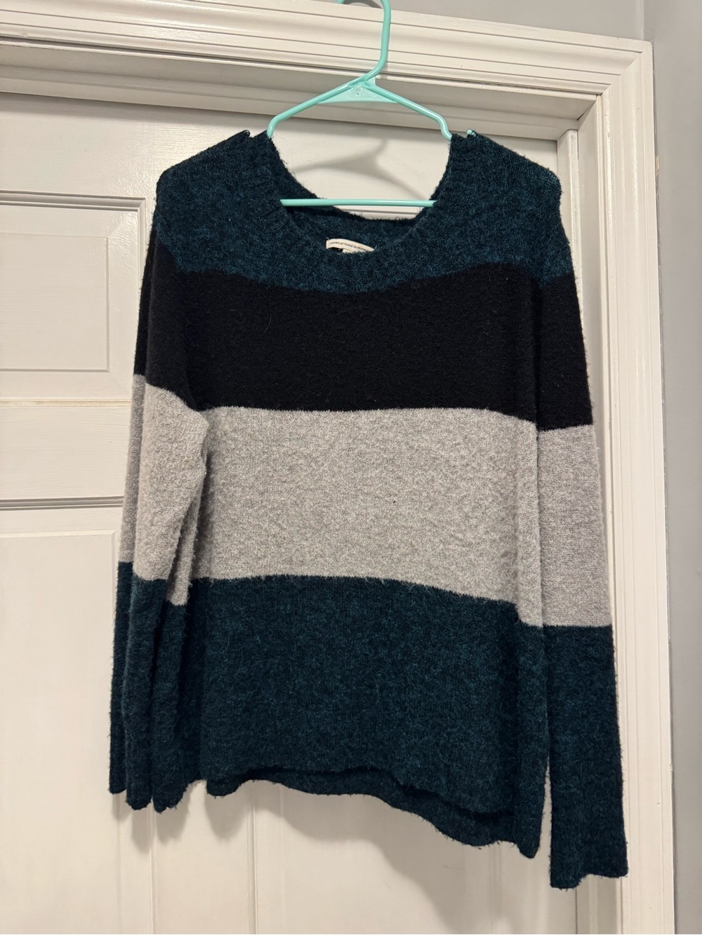 American Eagle Outfitters Striped Crewneck Sweater in Teal, Black & Light Gray